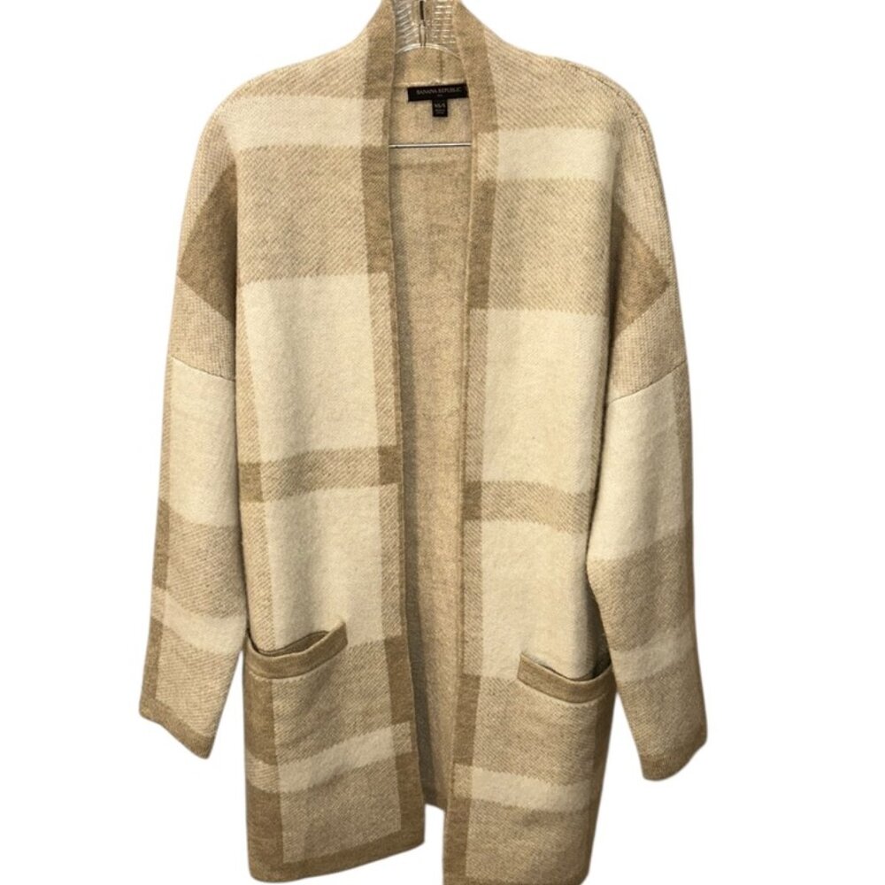 banana republic khaki white cozy window pane plaid sweater coat S